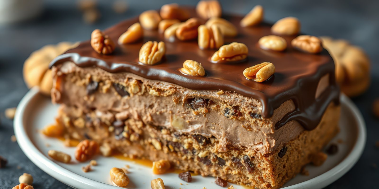 Delicious dessert slice featuring layers of chocolate, cream, and nuts on a white plate